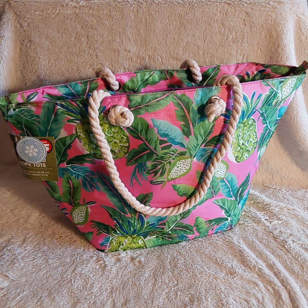 🌺 NWT Tropical Insulated Pink Rope Tote Bag